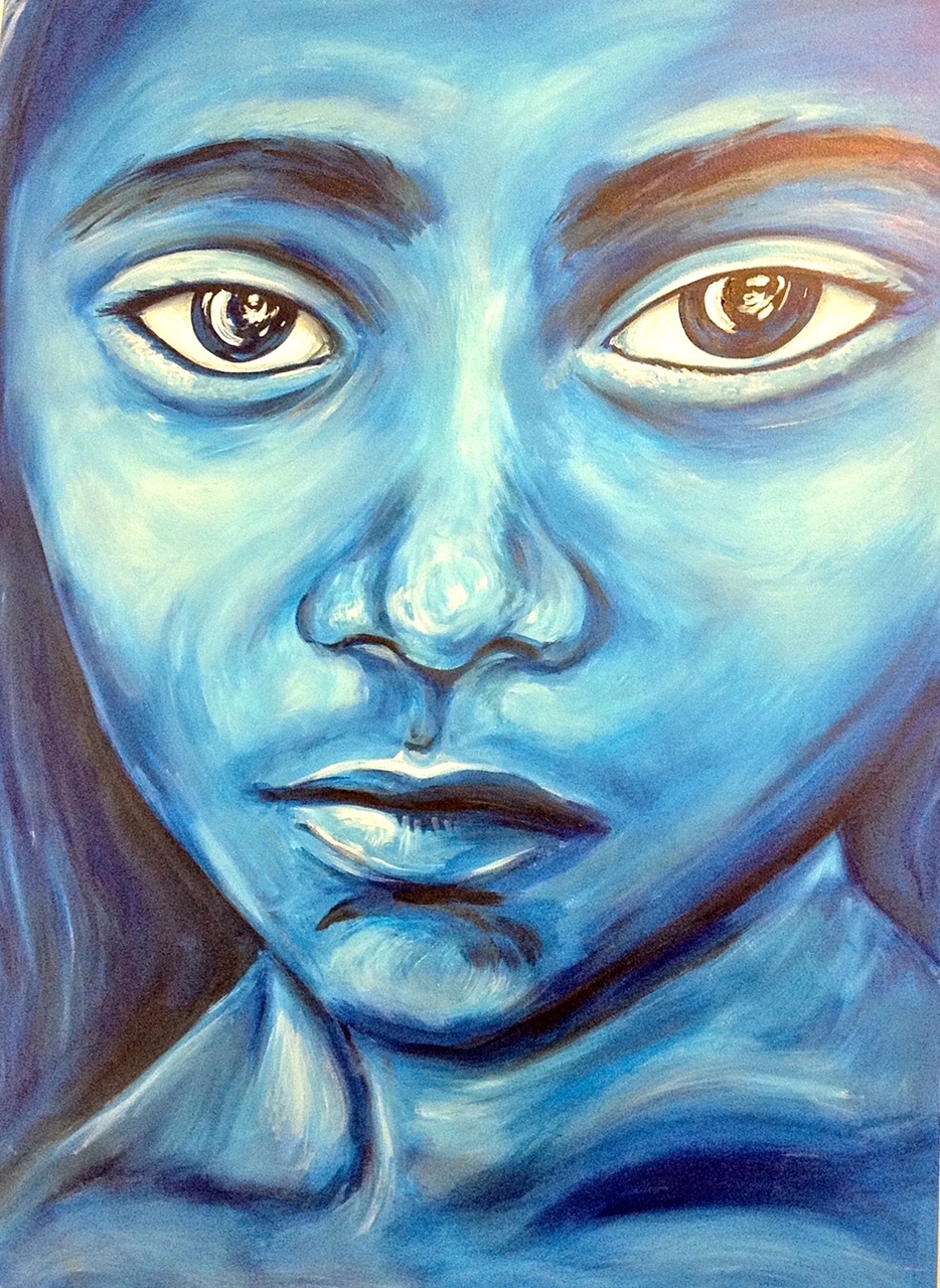a blue, monochromatic, close up image of a young face looking directly at the painter in an expressionist, flowing style