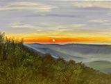Painting of the sunsetting hanging low over the Blue Ridge Mountains