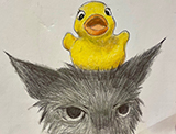 drawing of a rubber ducky on a wet cat's head