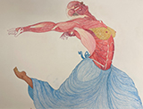 anatomical drawing of a female in the middle of a dance with a blue skirt on, and a foot that looks like a cashew
