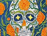 drawing of a Dia de los Muertos sugar skull with teal background and marigolds