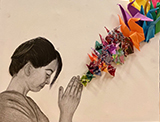 drawing of a person praying with 3d origami cranes bursting forth from the hands
