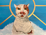 Painting of a white and orange cat laying on clouds with a gold sun outline behind it