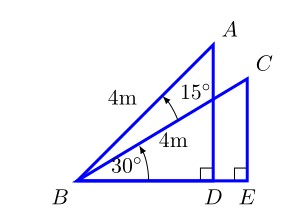 Two right triangles sharing a common vertex. Left triangle has hypotenuse 4 meters, angle 30 degrees at base, and angle 15 degrees at top. Right triangle has height 4 meters at right side, segment DE to be found.