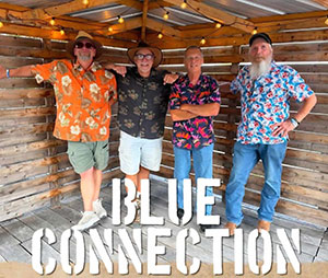 Four guys in colorful shirts posing and smiling with a wooden wall behind them and the words Blue Connection at the bottom